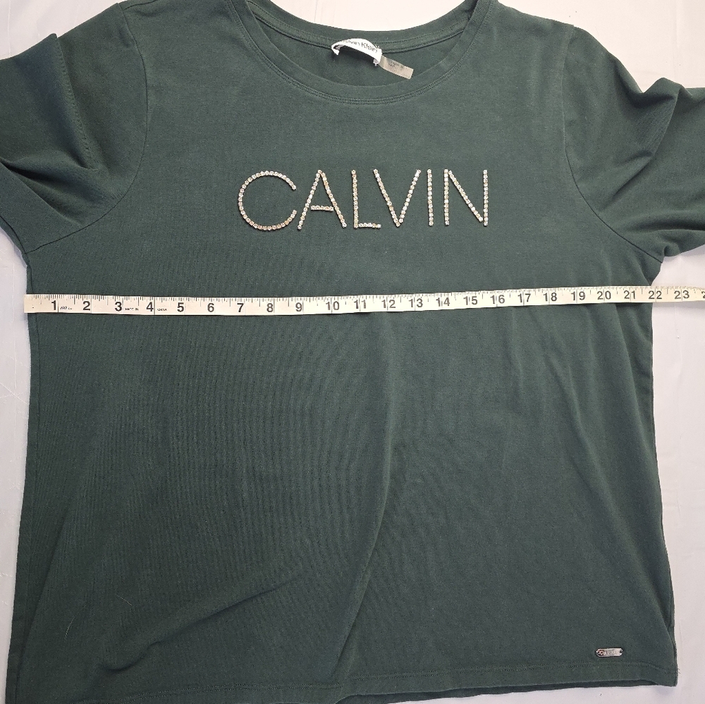 Calvin Klein T-shirt Hunter Green Long Sleeve Crystal Rhinestone Logo L/XL? - Picture 9 of 12